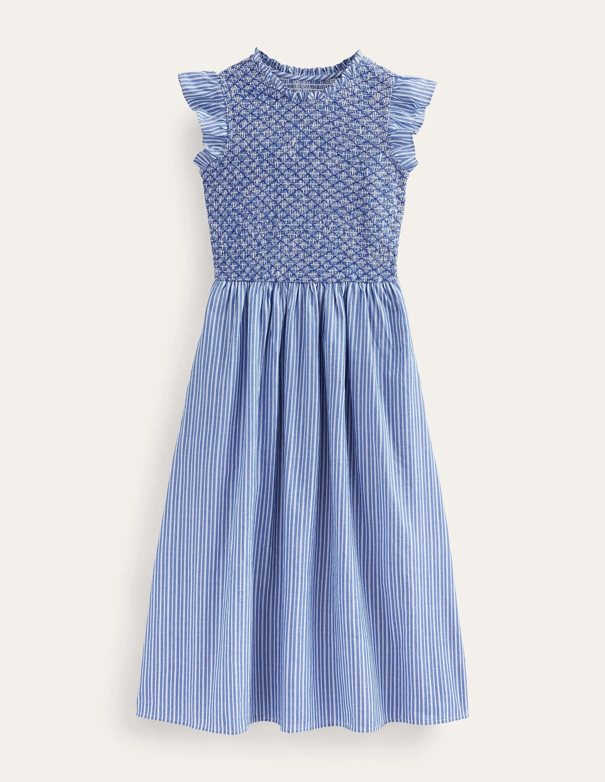Gestreiftes Midikleid mit Smokdetail-Mittelblau, Gazegewebe/Gestreift