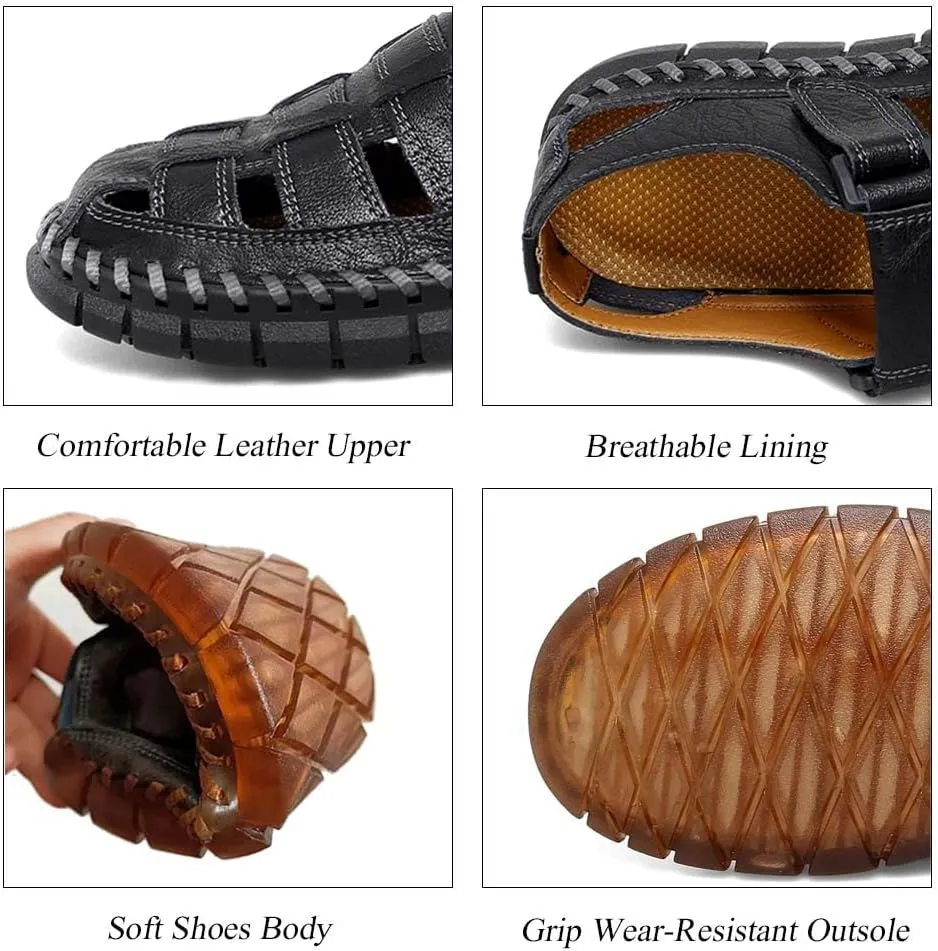 GEXECEUSS Sandals for Men Closed Toe Leather Sport Sandals Fisherman Sandals Outdoor Casual Walking Sandals Summer Water Shoes Beach Wading Shoes