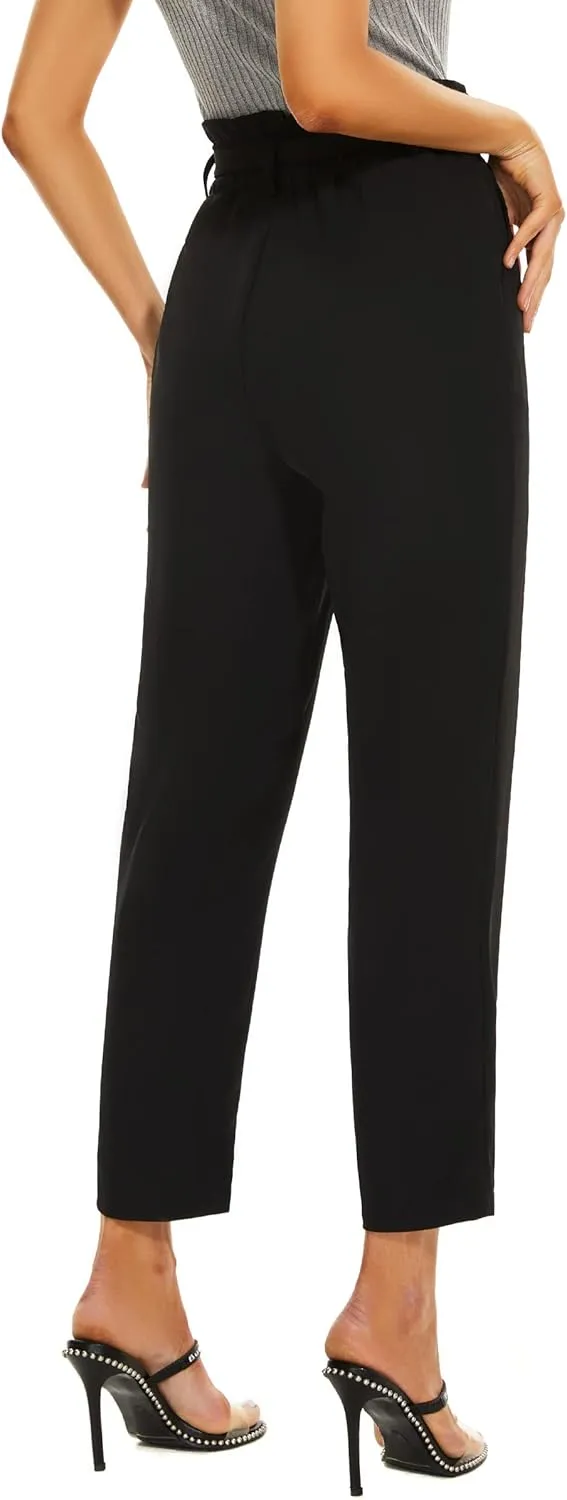 Ginasy Womens Paperbag Pants High Waisted Business Casual Pants Work Office Elastic Slacks Straight Leg Trousers Pockets
