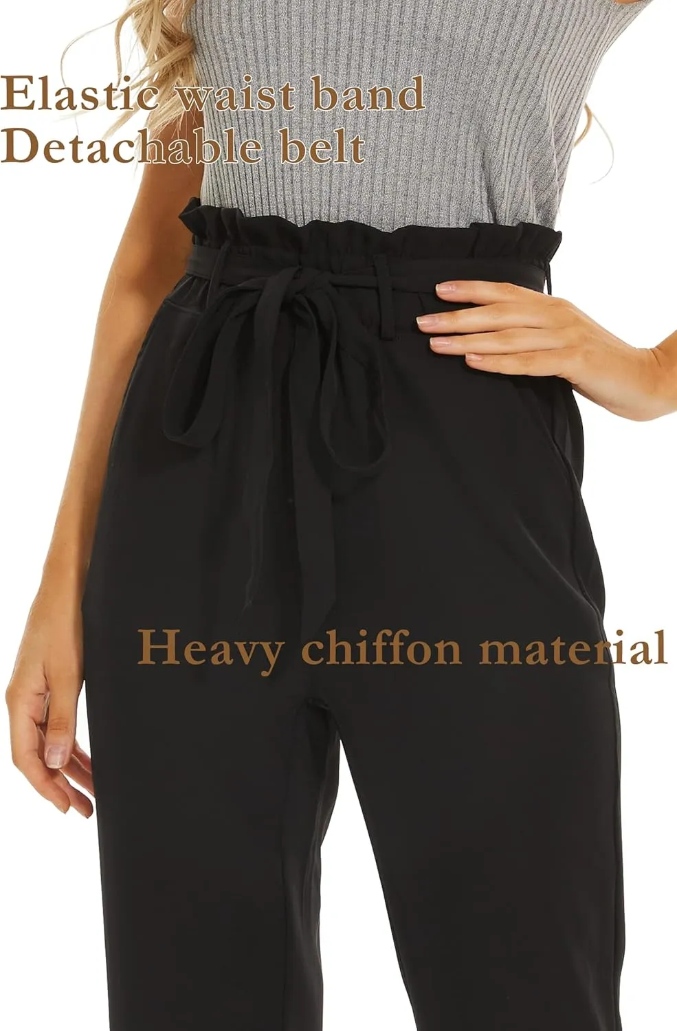 Ginasy Womens Paperbag Pants High Waisted Business Casual Pants Work Office Elastic Slacks Straight Leg Trousers Pockets