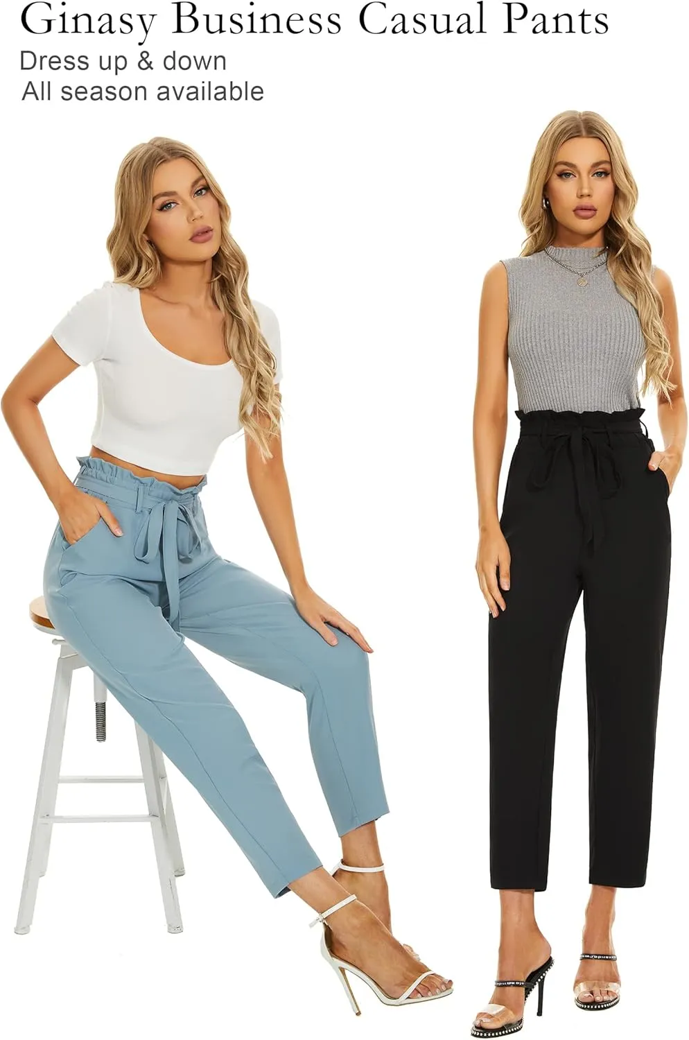 Ginasy Womens Paperbag Pants High Waisted Business Casual Pants Work Office Elastic Slacks Straight Leg Trousers Pockets