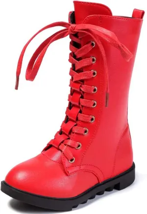 Girl's Boy's Waterproof Leather Side Zipper Mid Calf Combat Boots Outdoor Riding Boots Winter Snow Boots(Toddler/Little Kid/Big Kid)