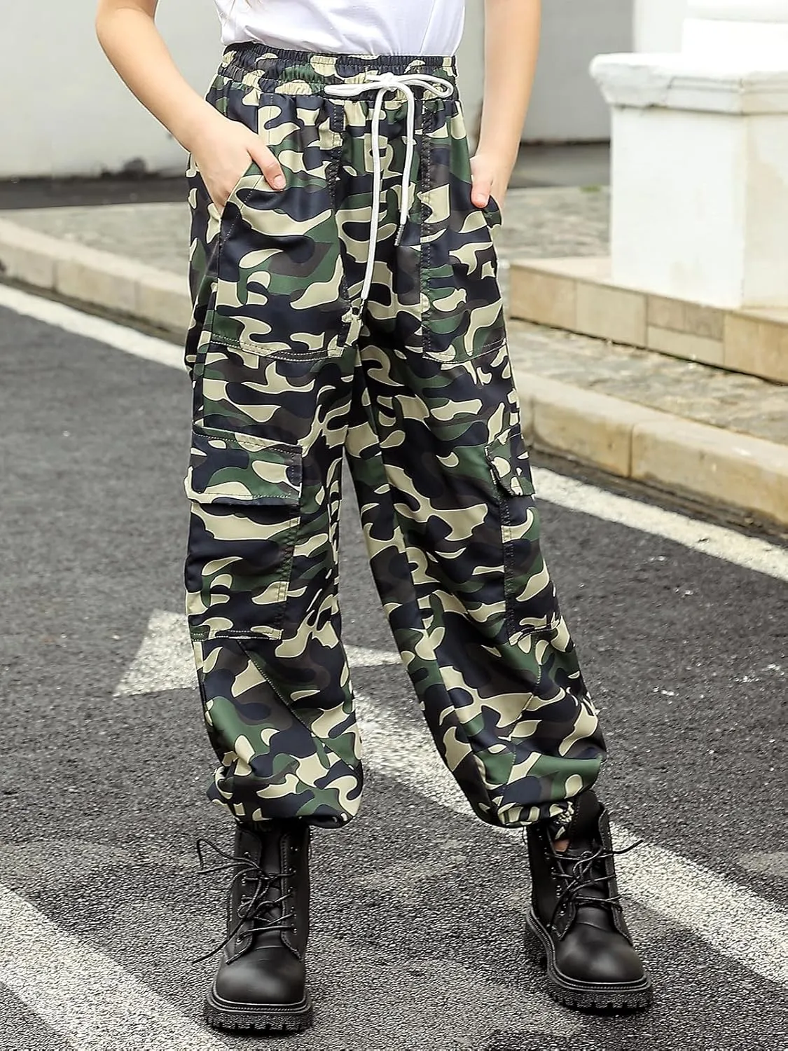 Girls Cargo Pants Baggy Joggers Lightweight Elastic Waist Drawstring with Pockets Casual Travel Hiking Streetwear