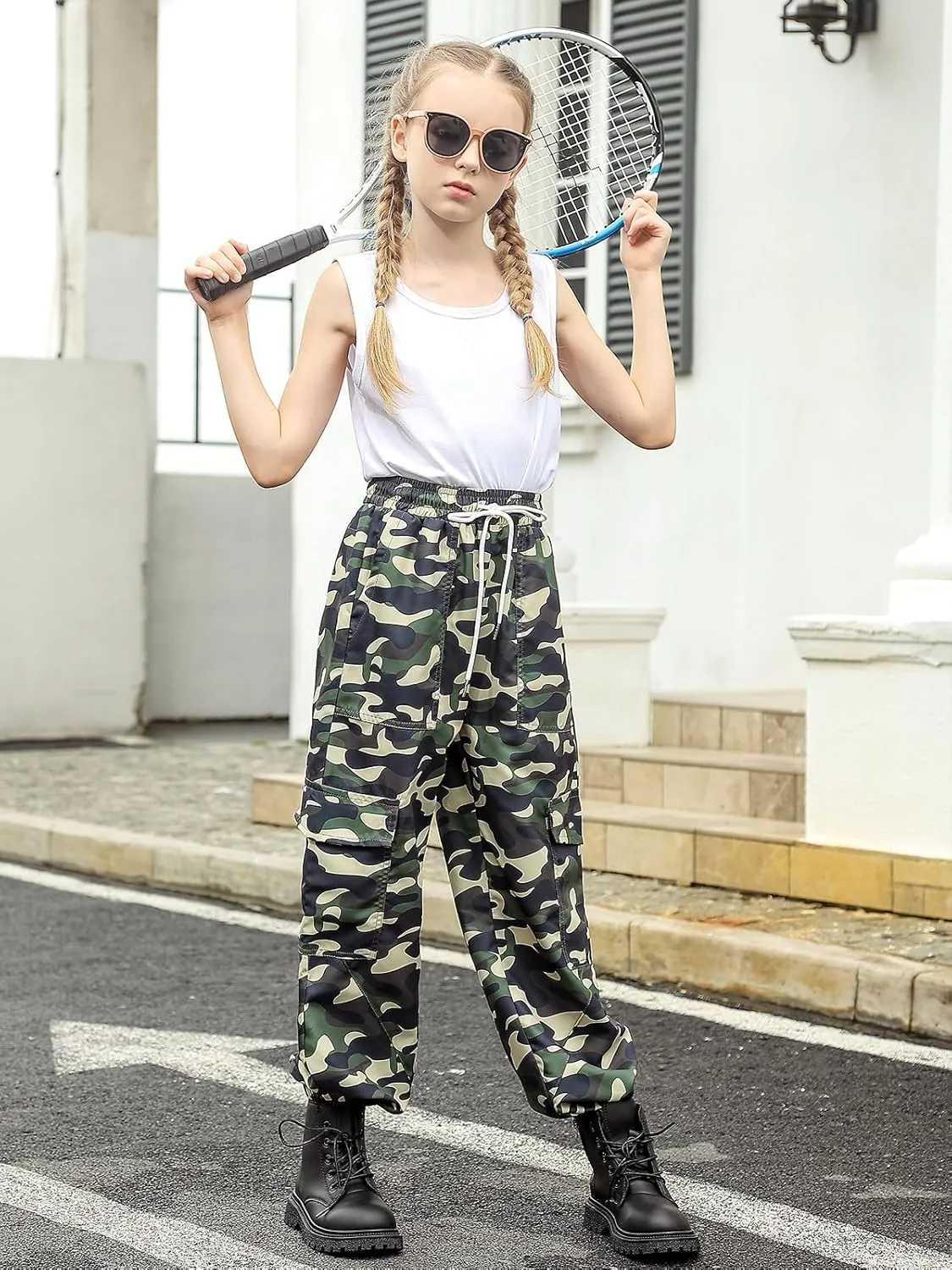 Girls Cargo Pants Baggy Joggers Lightweight Elastic Waist Drawstring with Pockets Casual Travel Hiking Streetwear