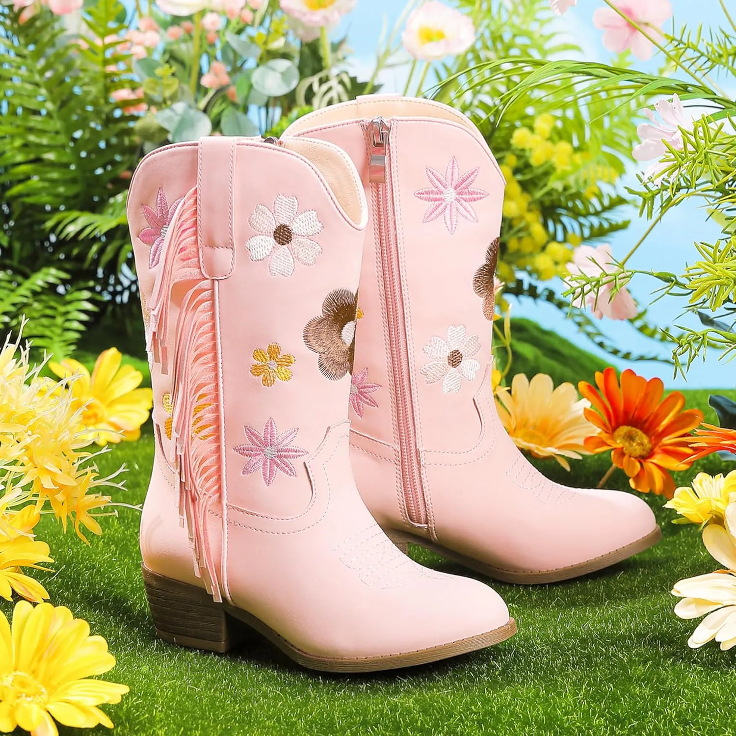 Girls Cowboy Boots Toddler Cowgirl Floral Embroidered Fringe Little Kids Western Boots Girl Riding Boot Birthday Party