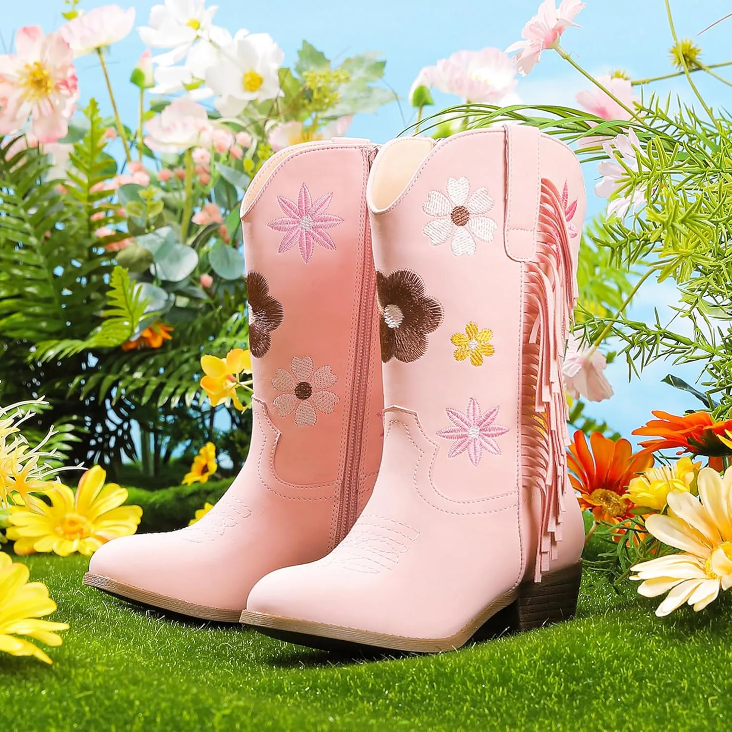 Girls Cowboy Boots Toddler Cowgirl Floral Embroidered Fringe Little Kids Western Boots Girl Riding Boot Birthday Party
