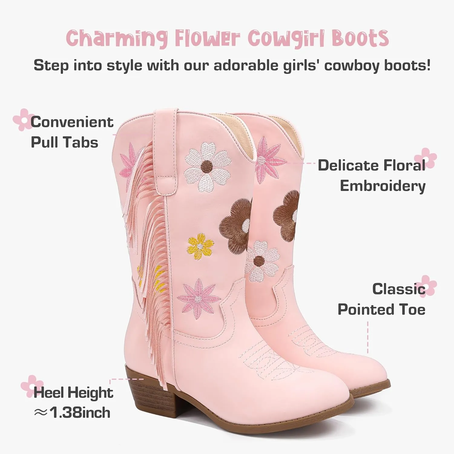 Girls Cowboy Boots Toddler Cowgirl Floral Embroidered Fringe Little Kids Western Boots Girl Riding Boot Birthday Party