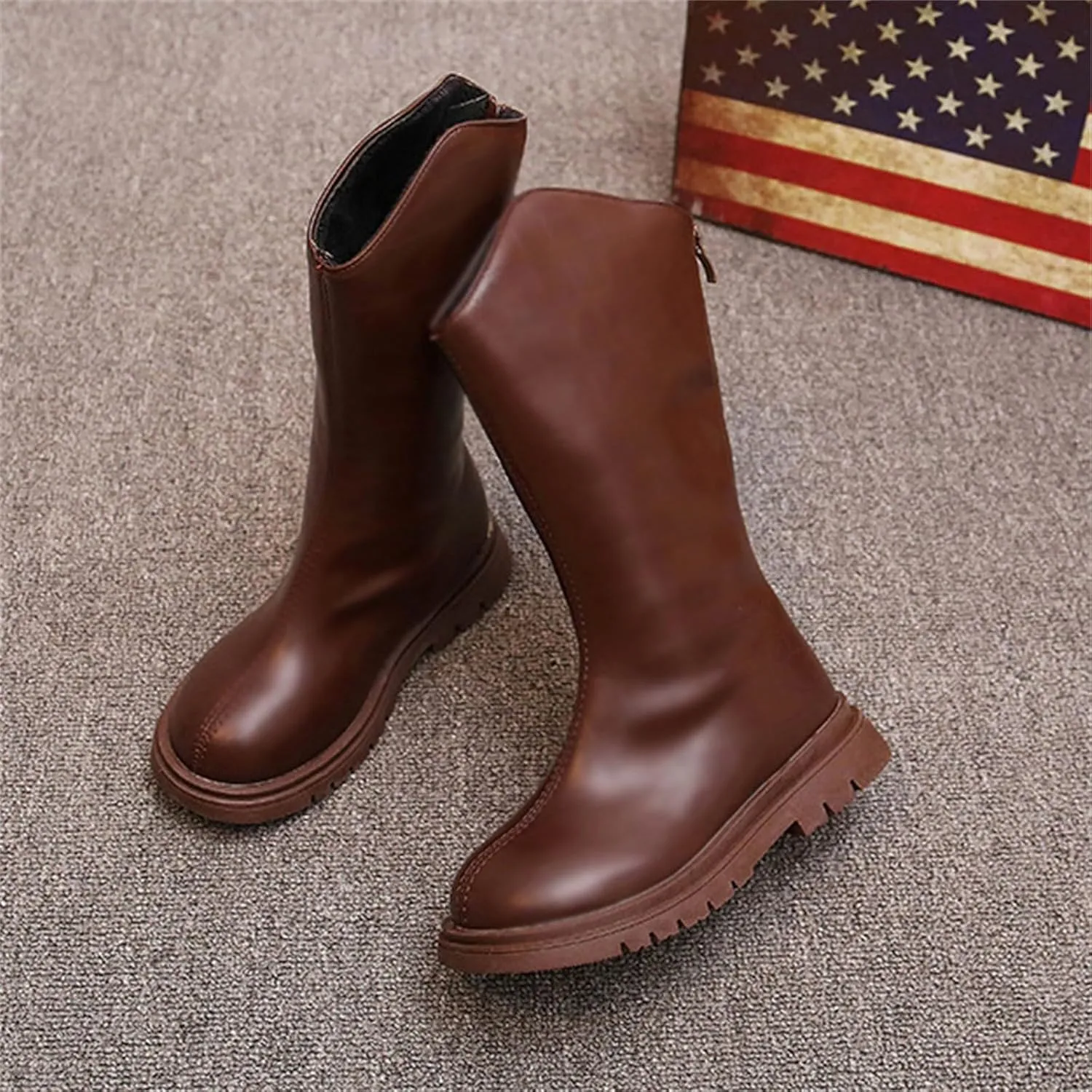 Girls Kids Leather 𝗟ow Heel Long Boots 𝐖aterproof Soft Rubber Sole Dress Dance Non Slip Shoes Booties Zipper Fashion