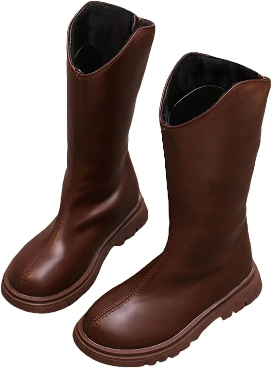 Girls Kids Leather 𝗟ow Heel Long Boots 𝐖aterproof Soft Rubber Sole Dress Dance Non Slip Shoes Booties Zipper Fashion