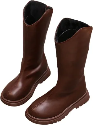 Girls Kids Leather 𝗟ow Heel Long Boots 𝐖aterproof Soft Rubber Sole Dress Dance Non Slip Shoes Booties Zipper Fashion