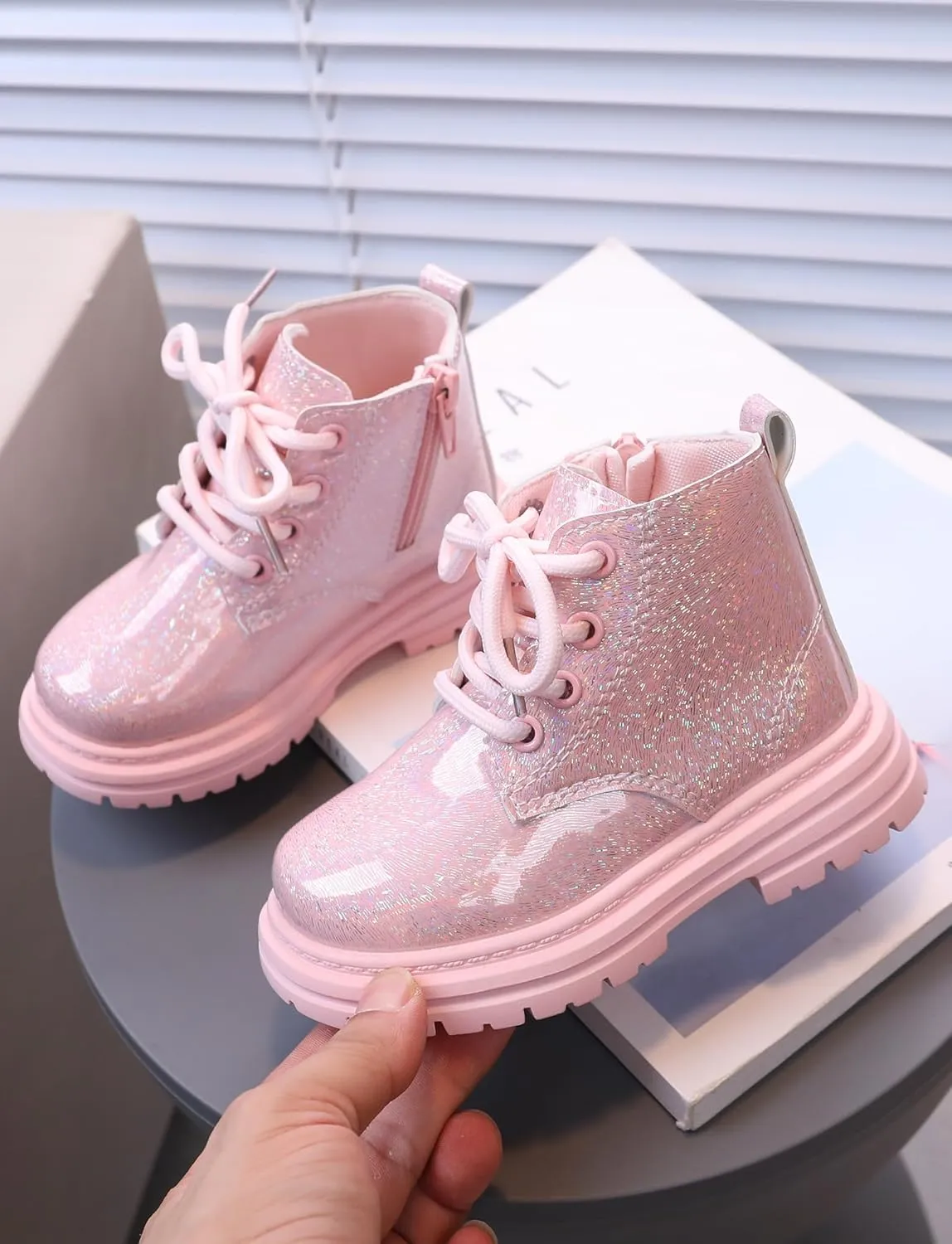 Girls Patent Ankle Boots Side Zipper Waterproof Non-Slip Booties Lace Up Outdoor Combat Boot