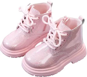 Girls Patent Ankle Boots Side Zipper Waterproof Non-Slip Booties Lace Up Outdoor Combat Boot