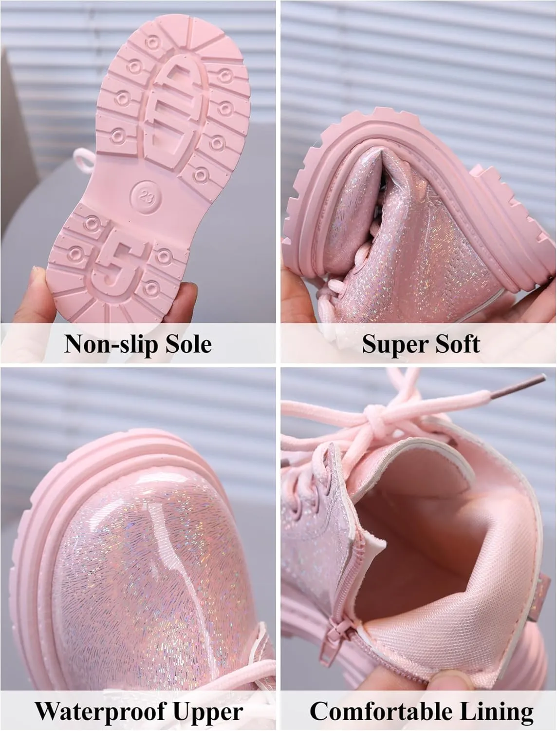 Girls Patent Ankle Boots Side Zipper Waterproof Non-Slip Booties Lace Up Outdoor Combat Boot