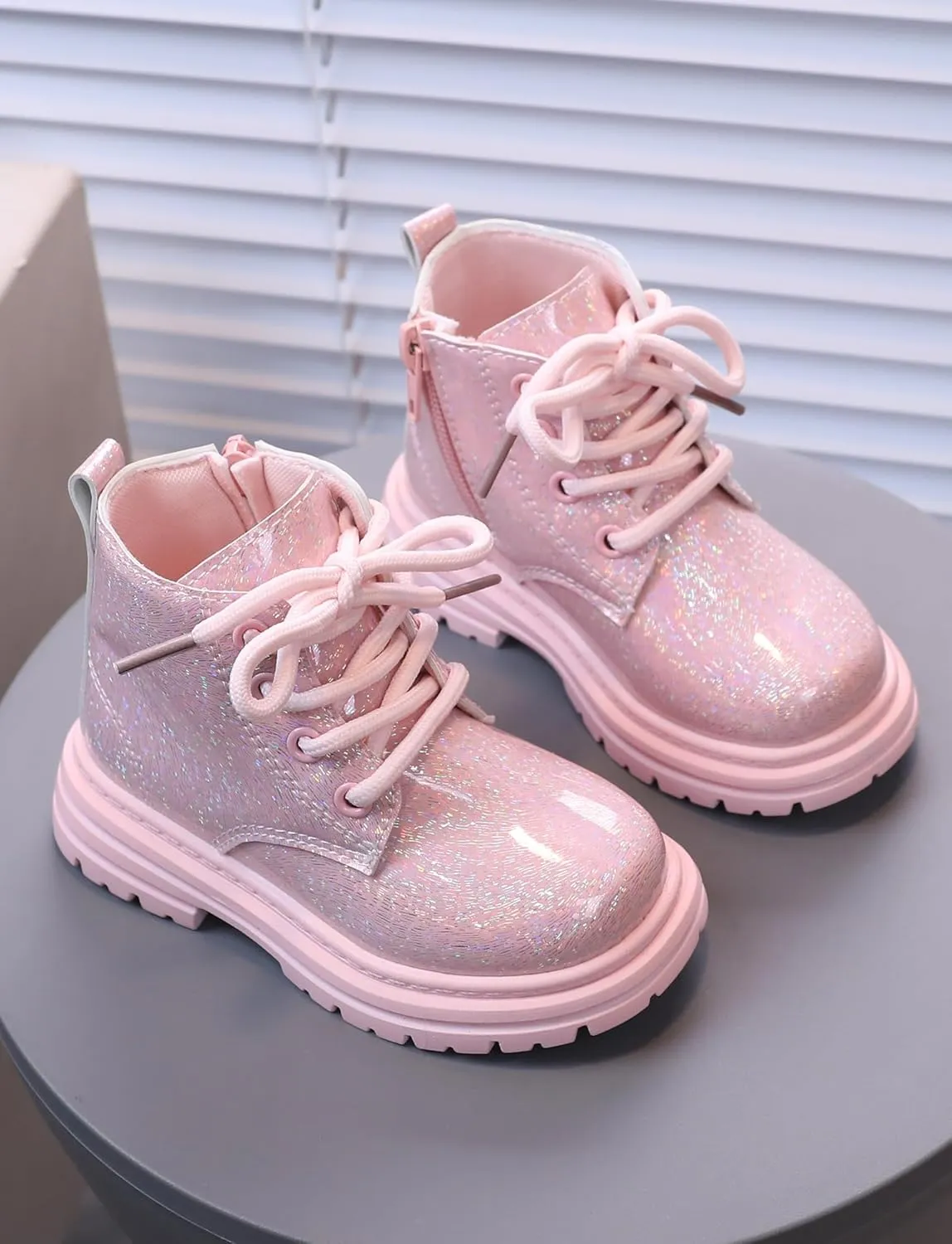 Girls Patent Ankle Boots Side Zipper Waterproof Non-Slip Booties Lace Up Outdoor Combat Boot