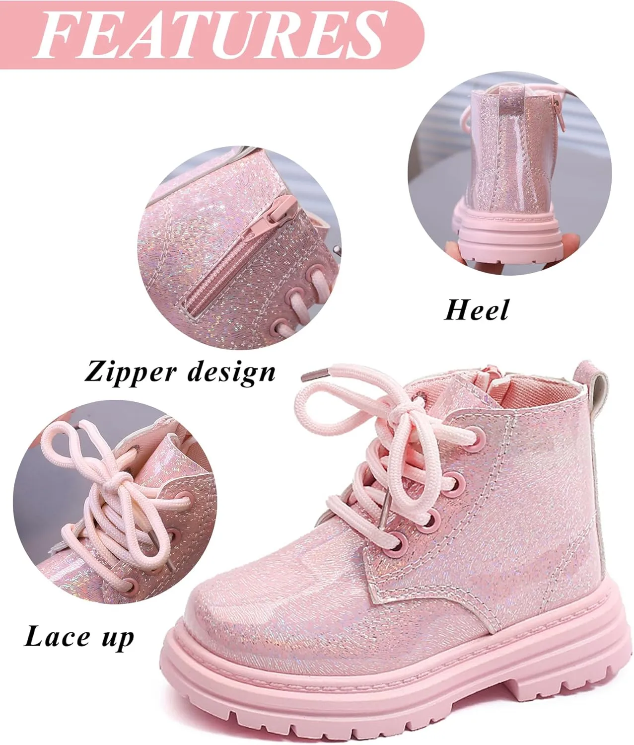 Girls Patent Ankle Boots Side Zipper Waterproof Non-Slip Booties Lace Up Outdoor Combat Boot
