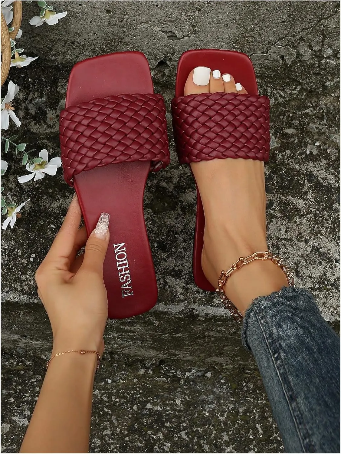 GORGLITTER Women's Braided Band Slide Sandals Square Open Toe Flats Pu Leather Dressy Sandals