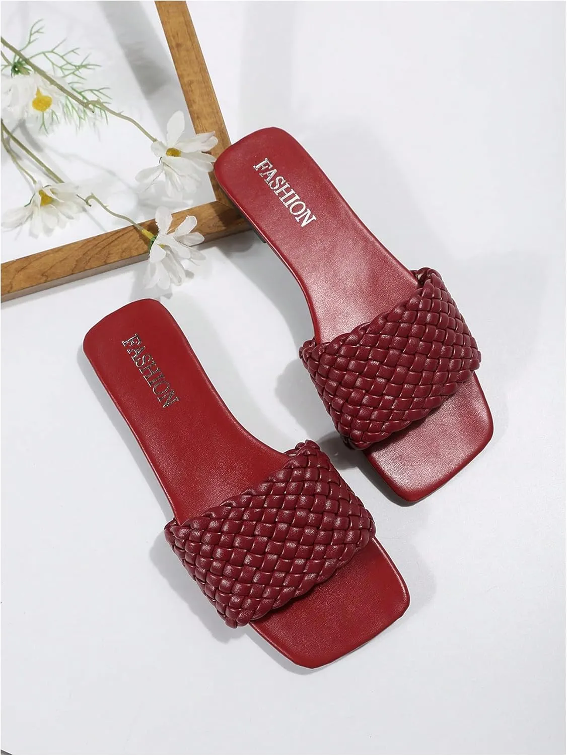 GORGLITTER Women's Braided Band Slide Sandals Square Open Toe Flats Pu Leather Dressy Sandals