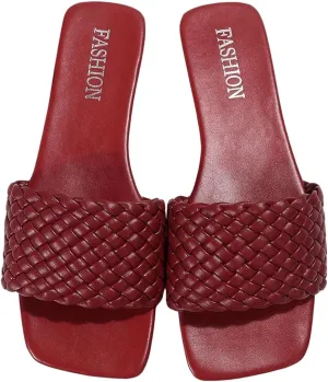 GORGLITTER Women's Braided Band Slide Sandals Square Open Toe Flats Pu Leather Dressy Sandals