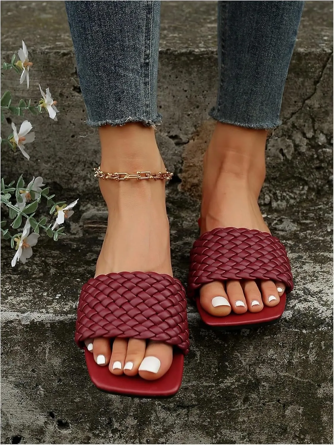 GORGLITTER Women's Braided Band Slide Sandals Square Open Toe Flats Pu Leather Dressy Sandals