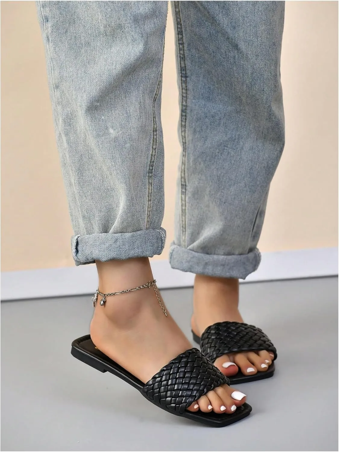 GORGLITTER Women's Braided Band Slide Sandals Square Open Toe Flats Pu Leather Dressy Sandals