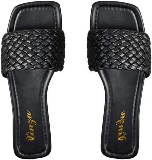 GORGLITTER Women's Braided Band Slide Sandals Square Open Toe Flats Pu Leather Dressy Sandals