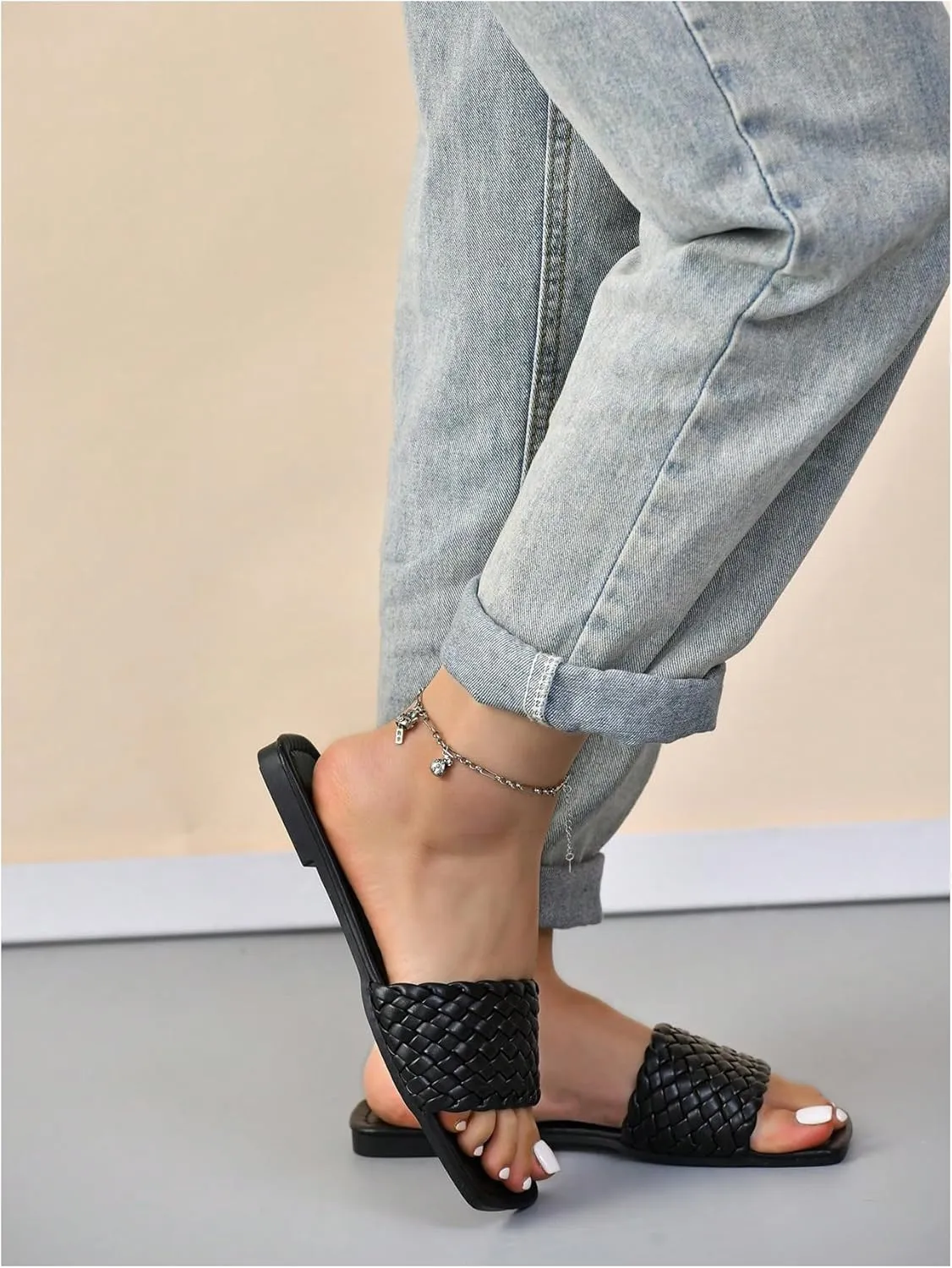 GORGLITTER Women's Braided Band Slide Sandals Square Open Toe Flats Pu Leather Dressy Sandals