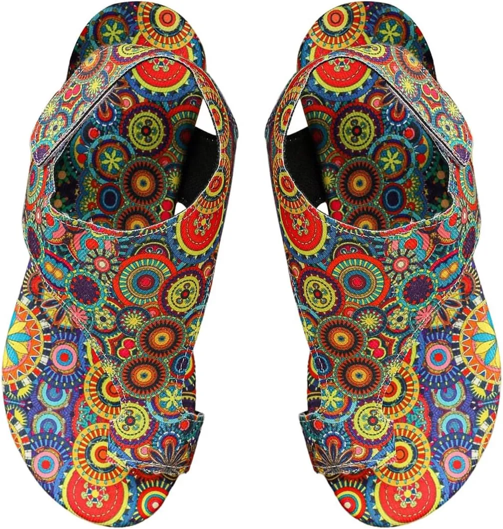 GORGLITTER Women's Colorful Bohemian Print Thong Sandals Open Toe Flip Flops Ankle Strap Flat Sandals