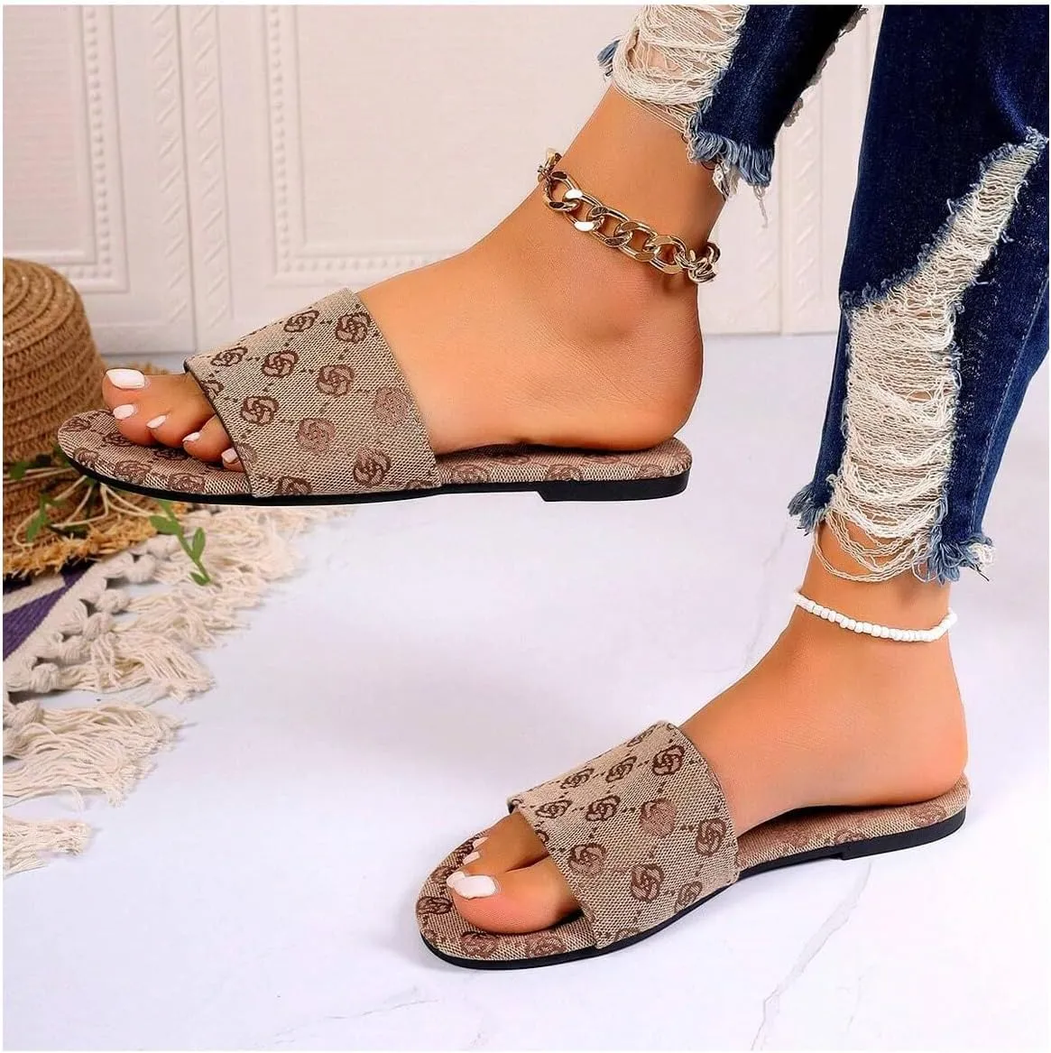 GORGLITTER Women's Floral Flat Slip On Dressy Sandals Geo Graphic Open Toe Summer Slide Sandals