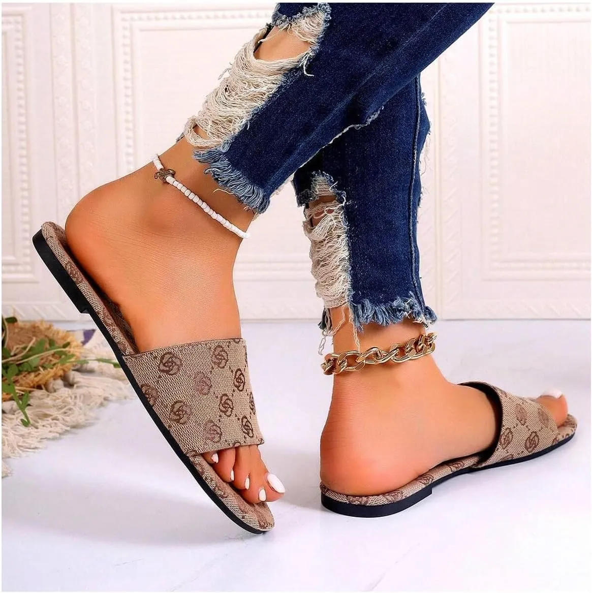 GORGLITTER Women's Floral Flat Slip On Dressy Sandals Geo Graphic Open Toe Summer Slide Sandals