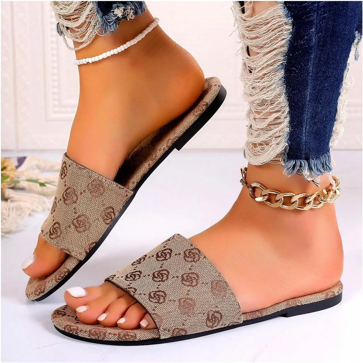 GORGLITTER Women's Floral Flat Slip On Dressy Sandals Geo Graphic Open Toe Summer Slide Sandals