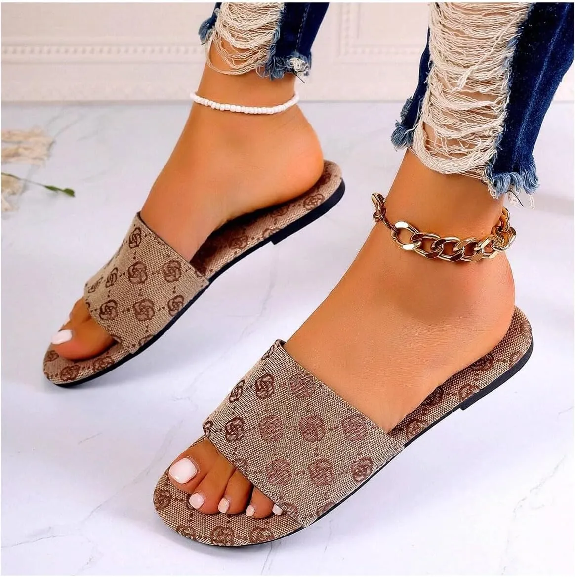 GORGLITTER Women's Floral Flat Slip On Dressy Sandals Geo Graphic Open Toe Summer Slide Sandals