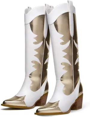 GOSERCE Women's Western Pointed toe Metallic Mid-Calf Cowboy Boots Knee High Cowgirl Boots Colorful sparkly Boots