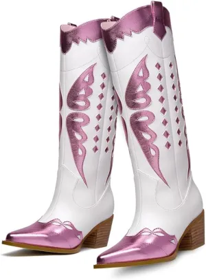 GOSERCE Women's Western Pointed toe Metallic Mid-Calf Cowboy Boots Knee High Cowgirl Boots Colorful sparkly Boots