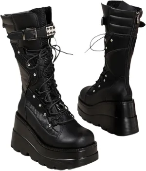 Gothniero Women Black Platform Goth Boots Mid Calf with Heel Knee High Boots Winter Chunky Heel Punk Rave Boots Girls Lace Up Combat Booties Size 5.5-11