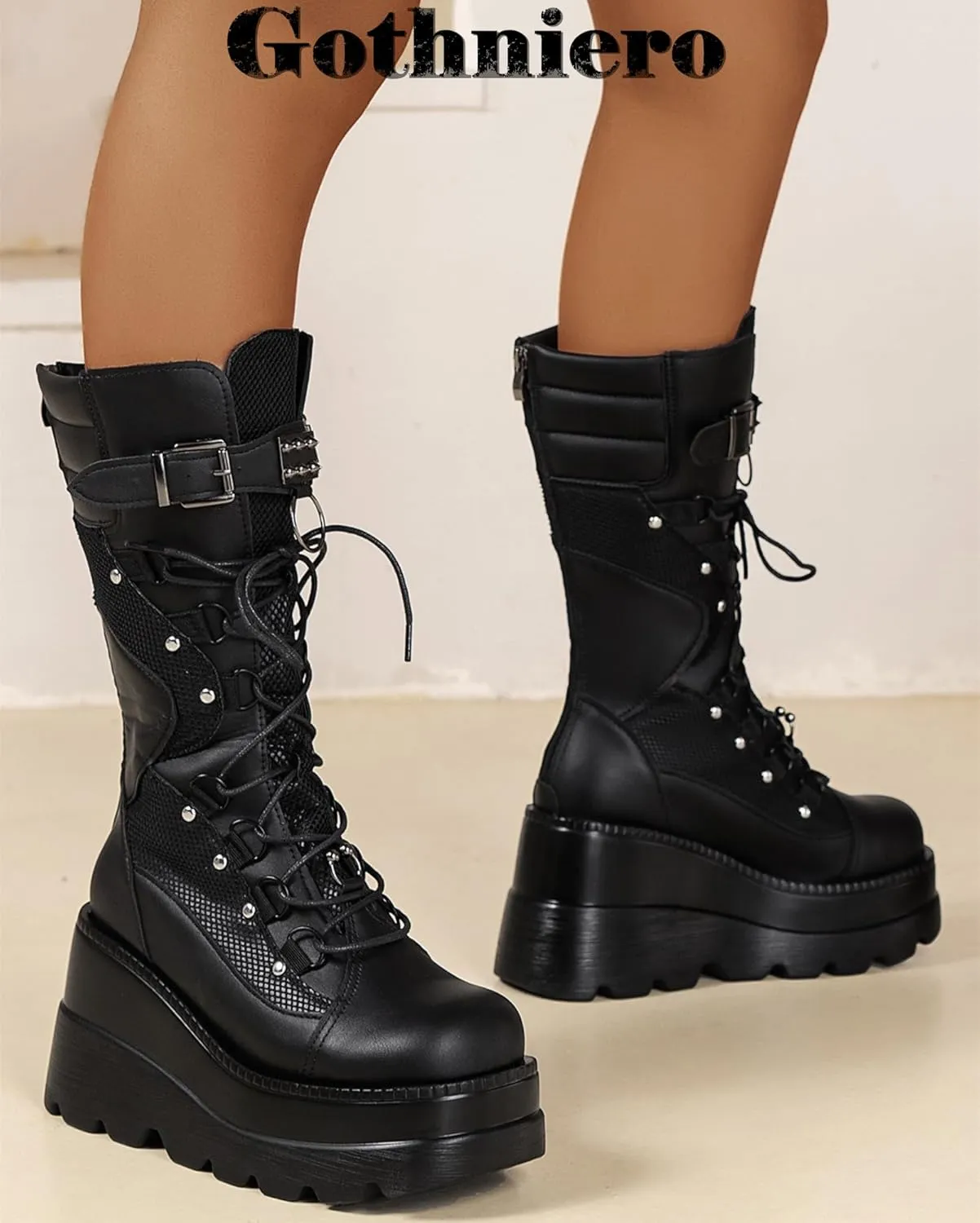 Gothniero Women Black Platform Goth Boots Mid Calf with Heel Knee High Boots Winter Chunky Heel Punk Rave Boots Girls Lace Up Combat Booties Size 5.5-11