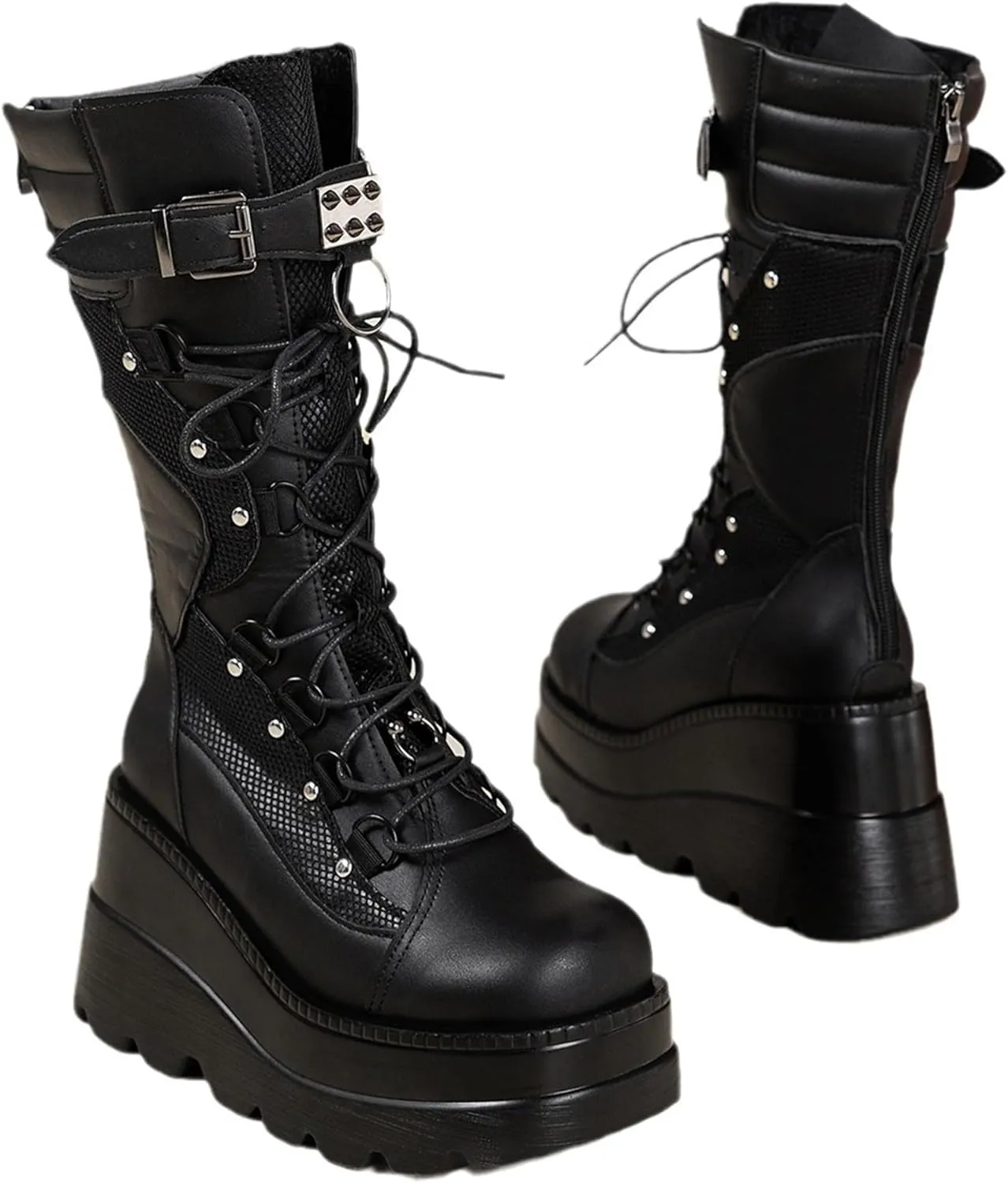 Gothniero Women Black Platform Goth Boots Mid Calf with Heel Knee High Boots Winter Chunky Heel Punk Rave Boots Girls Lace Up Combat Booties Size 5.5-11