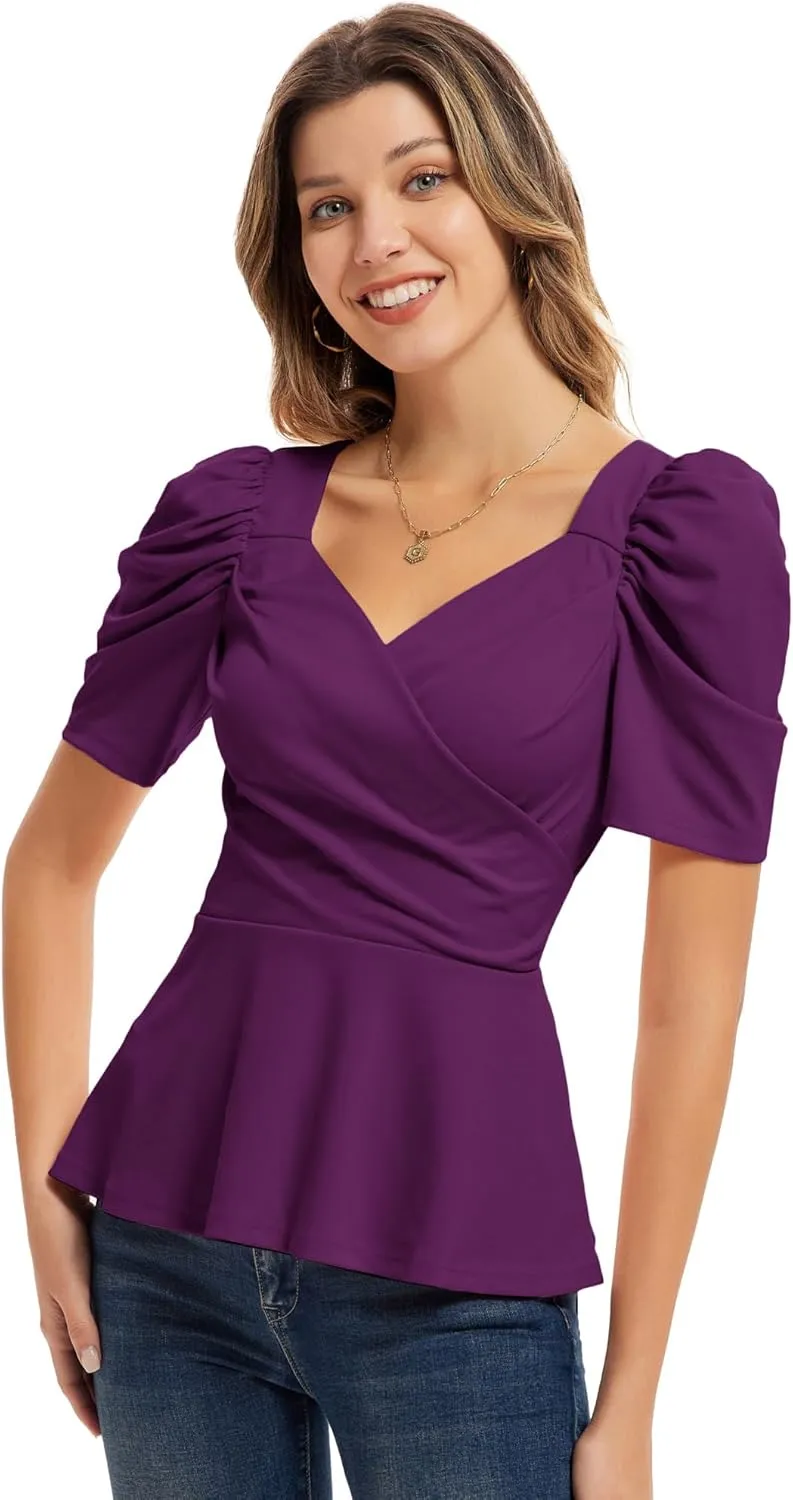 GRACE KARIN 2025 Womens Tops Elegant Peplum Top Wrap V Neck Puff Short Sleeve Summer Tops Blouse