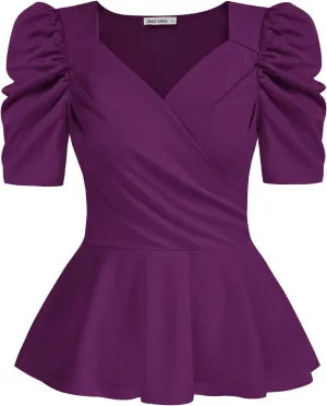 GRACE KARIN 2025 Womens Tops Elegant Peplum Top Wrap V Neck Puff Short Sleeve Summer Tops Blouse