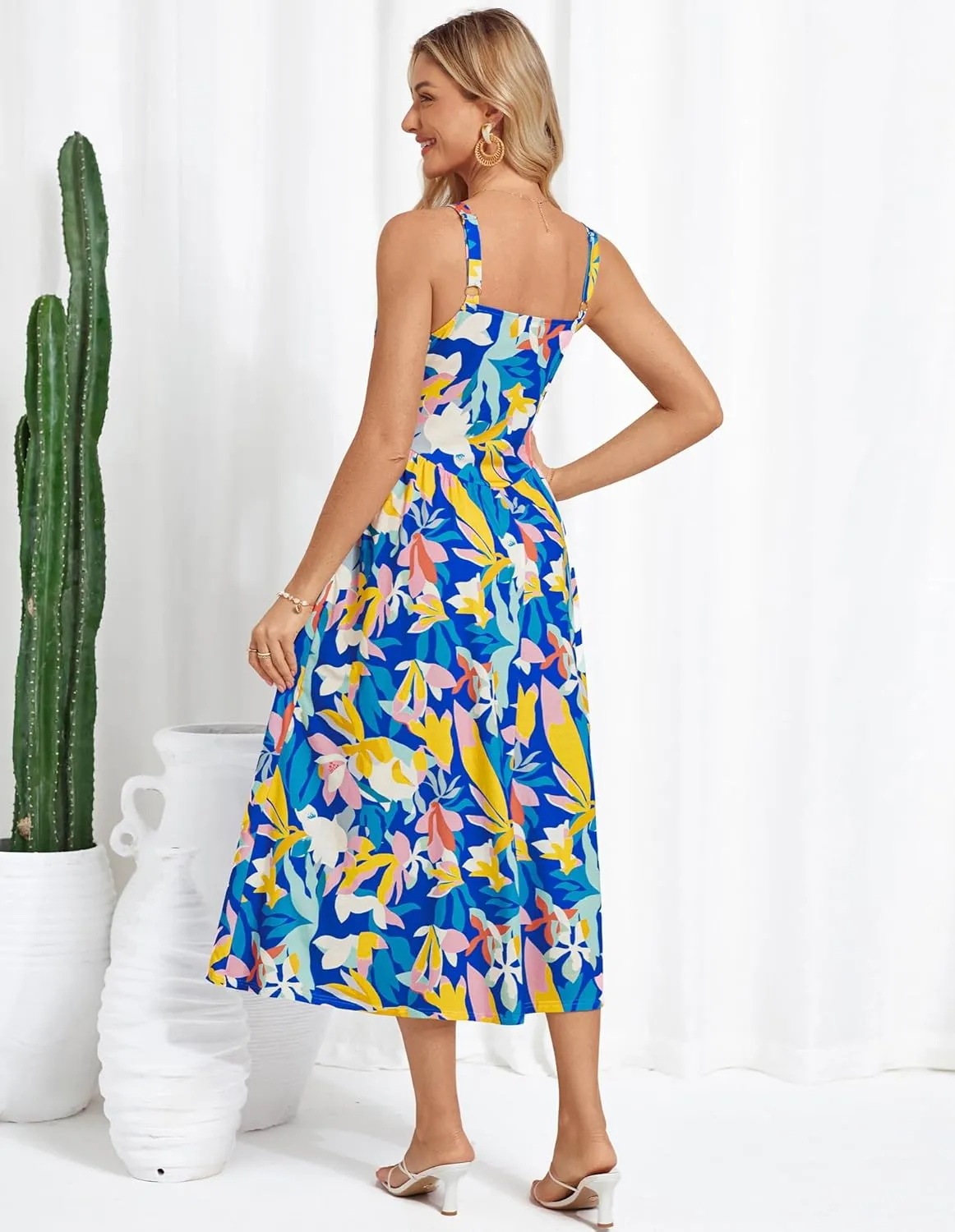 GRACE KARIN Women's Summer Square Neck Sleeveless Floral Midi Dress 2025 Boho Beach Casual Dresses with Pockets