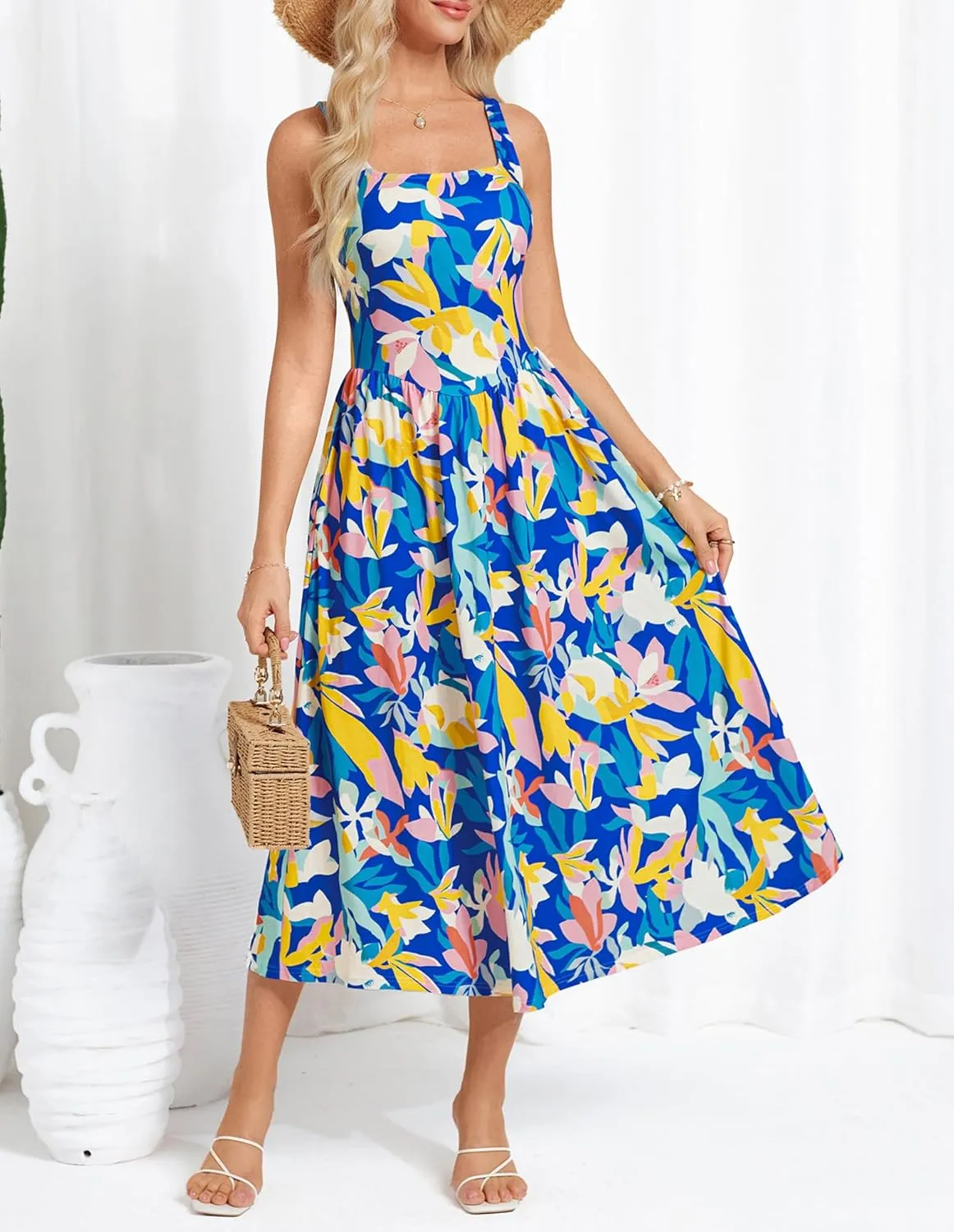 GRACE KARIN Women's Summer Square Neck Sleeveless Floral Midi Dress 2025 Boho Beach Casual Dresses with Pockets