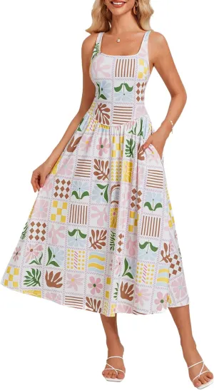 GRACE KARIN Women's Summer Square Neck Sleeveless Floral Midi Dress 2025 Boho Beach Casual Dresses with Pockets