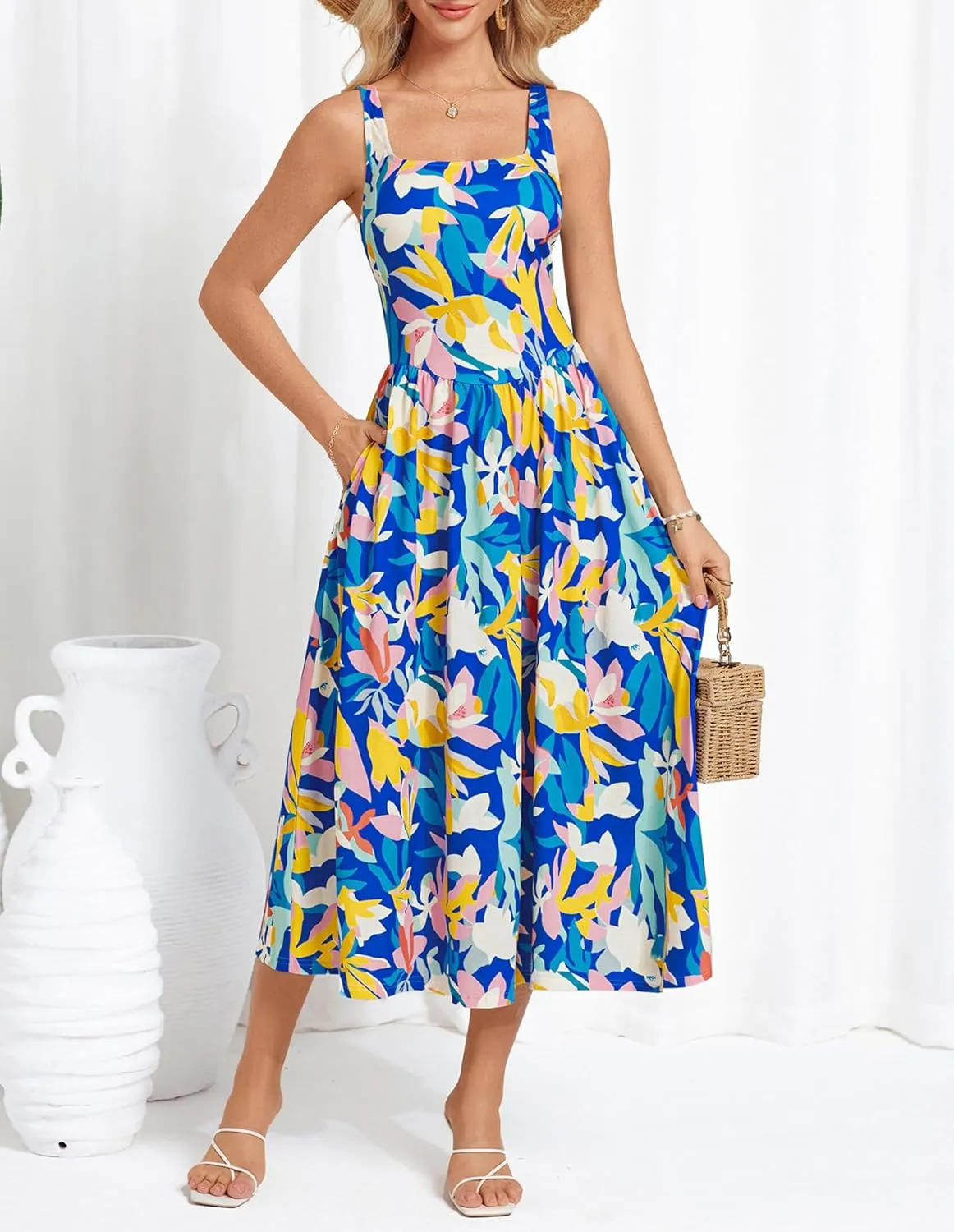 GRACE KARIN Women's Summer Square Neck Sleeveless Floral Midi Dress 2025 Boho Beach Casual Dresses with Pockets