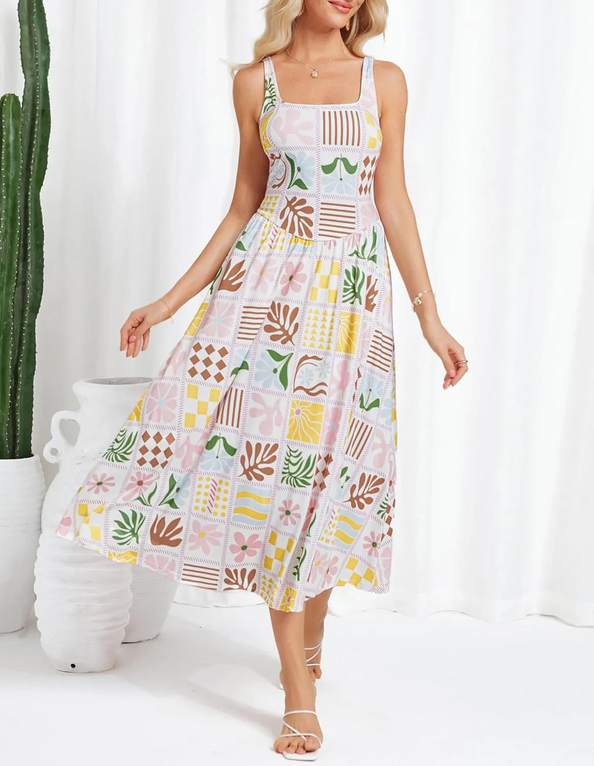 GRACE KARIN Women's Summer Square Neck Sleeveless Floral Midi Dress 2025 Boho Beach Casual Dresses with Pockets