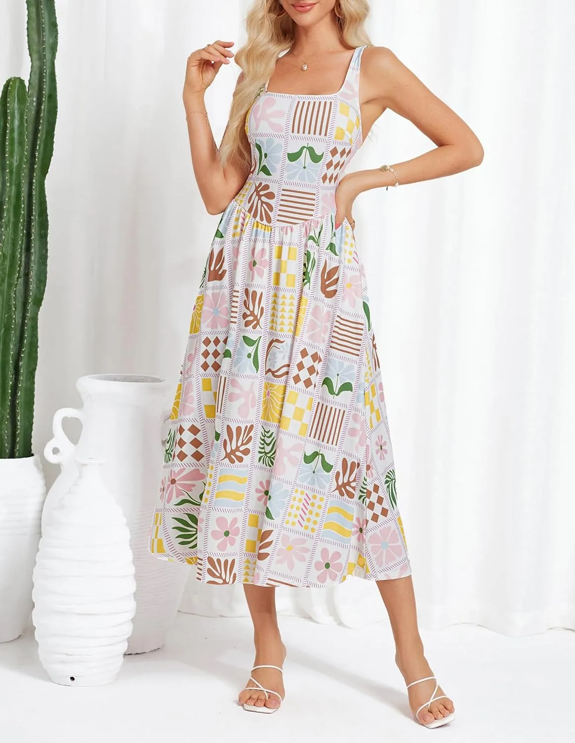 GRACE KARIN Women's Summer Square Neck Sleeveless Floral Midi Dress 2025 Boho Beach Casual Dresses with Pockets