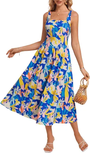 GRACE KARIN Women's Summer Square Neck Sleeveless Floral Midi Dress 2025 Boho Beach Casual Dresses with Pockets