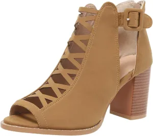 GUNIYIFS Women's Cutout Peep Toe Stacked Heeled Sandals Summer Cutout Chunky High Heels Sandals Dress Back Zip Ankle Booties