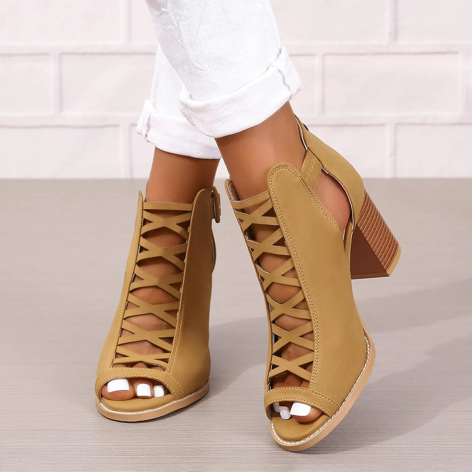 GUNIYIFS Women's Cutout Peep Toe Stacked Heeled Sandals Summer Cutout Chunky High Heels Sandals Dress Back Zip Ankle Booties