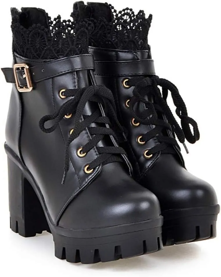 Hbeylia Women's Platform Combat Boots Fashion Lace Leather Chunky Pump Ankle Booties Leather Goth Anti Slip Lace Up High Heels Riding Short Boots For Women Bride Wedding Halloween Cosplay Party