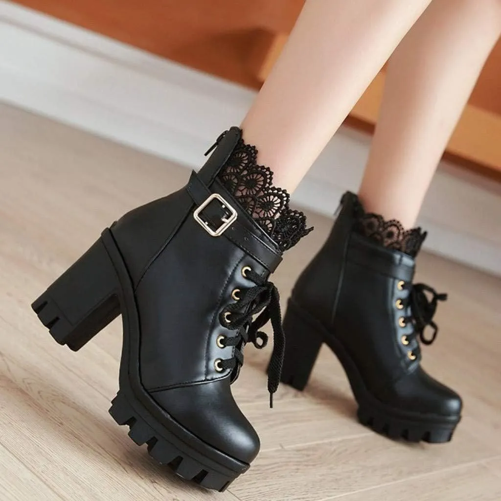 Hbeylia Women's Platform Combat Boots Fashion Lace Leather Chunky Pump Ankle Booties Leather Goth Anti Slip Lace Up High Heels Riding Short Boots For Women Bride Wedding Halloween Cosplay Party