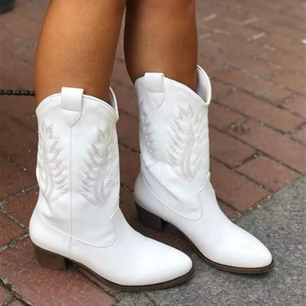Hbeylia Women's Western Cowboy Boots Vintage Leather Round Toe Chunky Mid-Heels Wide Mid Calf Cowgirl Boots Retro Slip On Riding Short Boots Winter Shoes For Women Ladies Dress